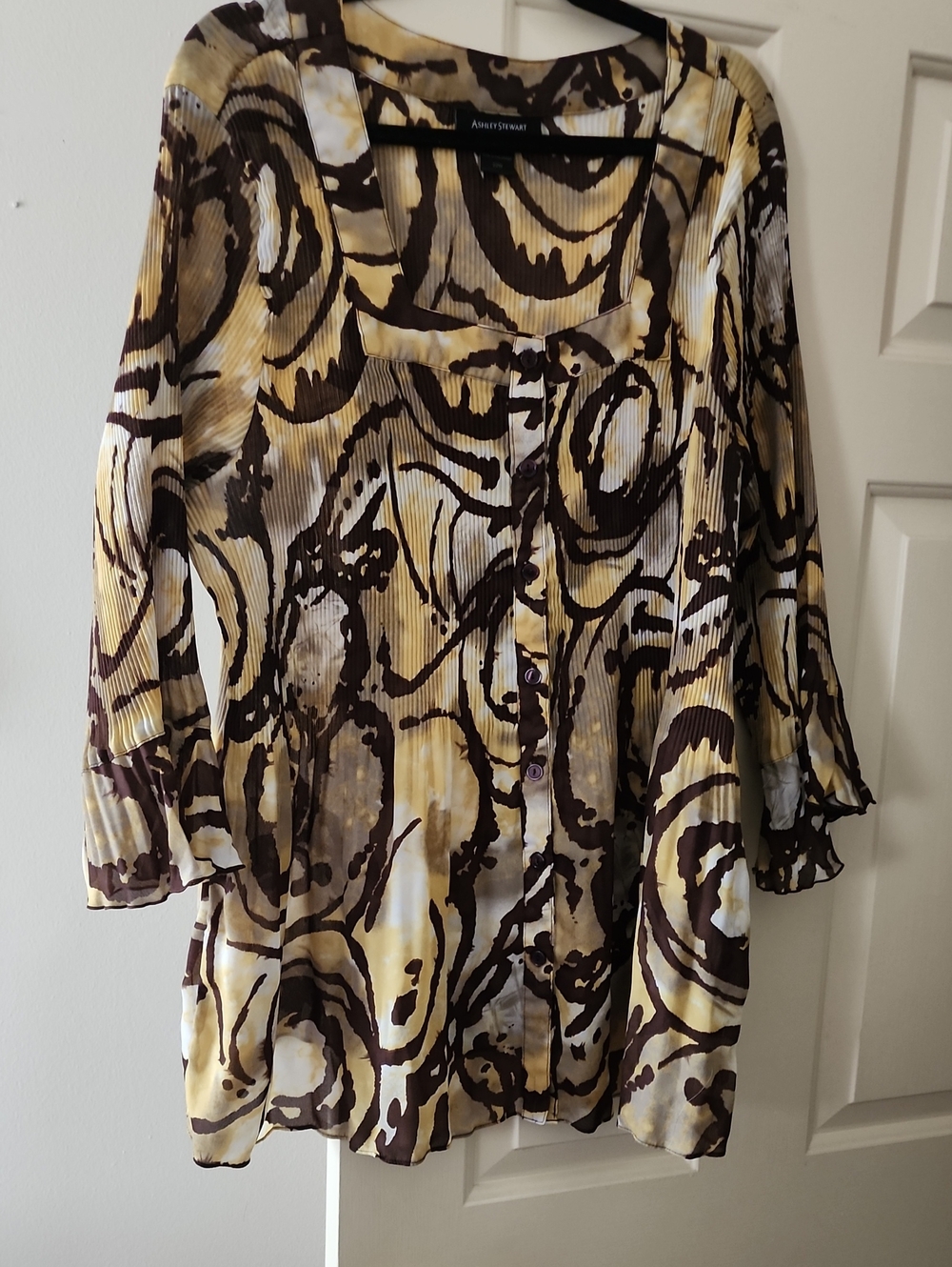 Ashley Stewart Yellow Brown Abstract Pleated Blouse